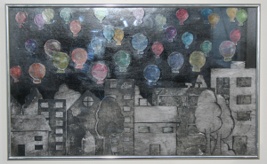 Mixed media - Relief printed balloons and a collagraph plate city scene. Watercolour paint and pastels. 