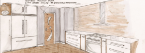 Contemporary Kitchen sketch - Perspective drawn with markers and colored pencils on vellum paper. 